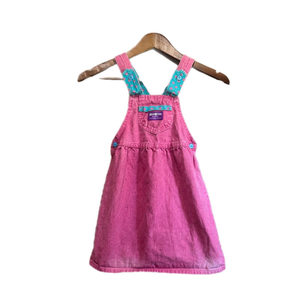 OshKosh B'gosh Jumper Dress Kids 4T Pink Good Denim Polka Dot Vintage Style